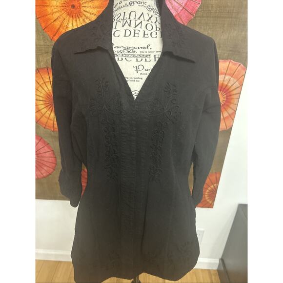 Scully Black Embroidered Western Blouse Fitted Waist 3/4 Sleeves Boho Rodeo XL - Picture 3 of 9